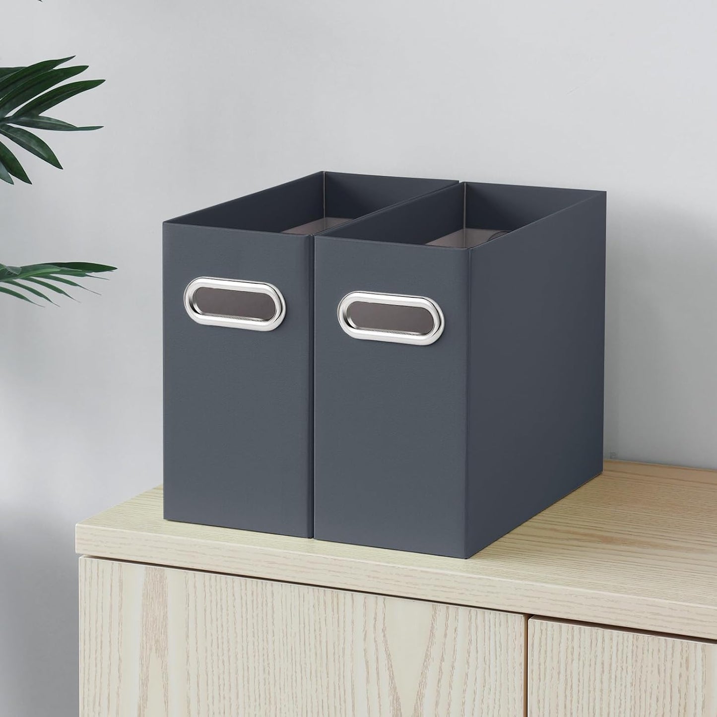 Oterri File Organizer, 2 Packs Small Storage Box, Cardboard File Folder Organizer, Collapsible File Box for Hanging File Folders Letter Size, Portable Filing Organizer with Handle (Dark Grey)