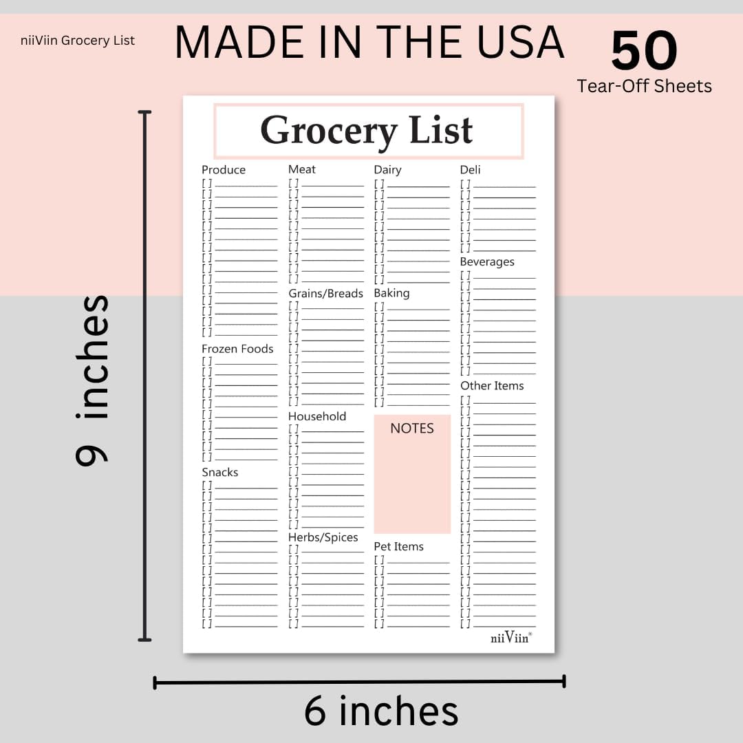 Grocery Shopping List Notepad - 6"x9" Grocery Checklist with Categories and Notes, Thick 105 GSM Paper, 50 Sheets, Easy Tear-Off and Take with You Pad for Food, Household, Pet, and Other Items