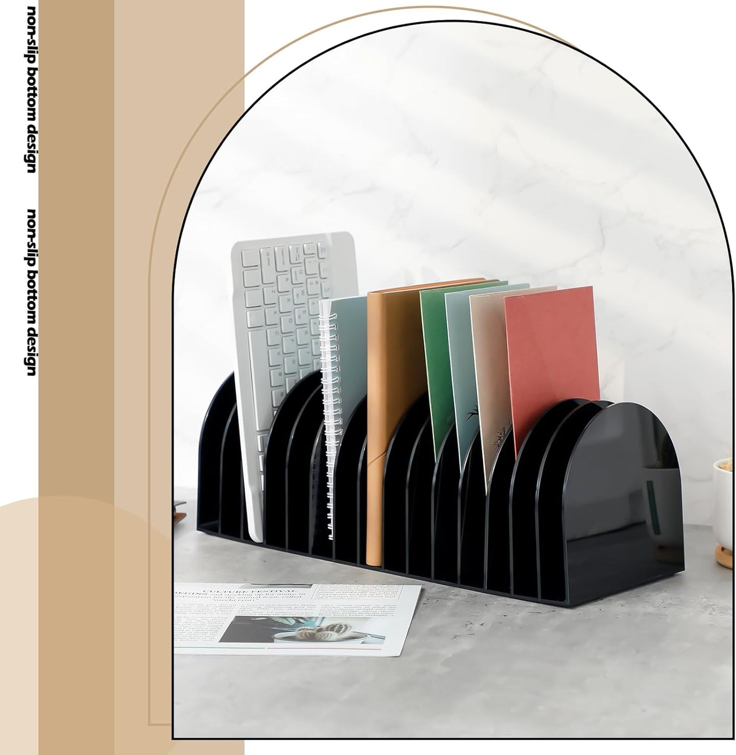 Ctosree Acrylic File Organizer for Desk Vertical 15 Compartments File Sorter Mail Organizer Desktop Countertop Folder Stand Racks for Office Home School Desk(Arch,Black)