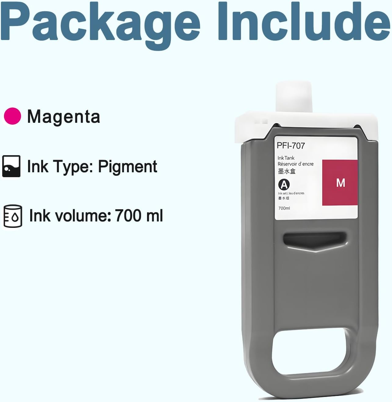 PFI-707 Ink Cartridge PFI707 Ink Tank Compatible with Canon imagePROGRAF PF830, iPF840, iPF850 CAD Plotters 700 ML (1-Pack, Magenta)