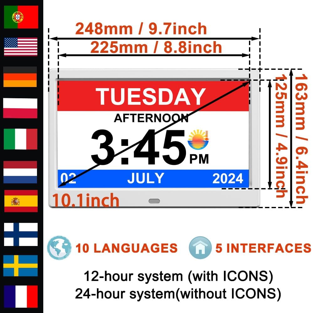 Alarm Clock with Day and Date for Elderly Digital Calendar Clock Photo Frame- Auto Dimmable Display 15 Alarm Options (10inch White)