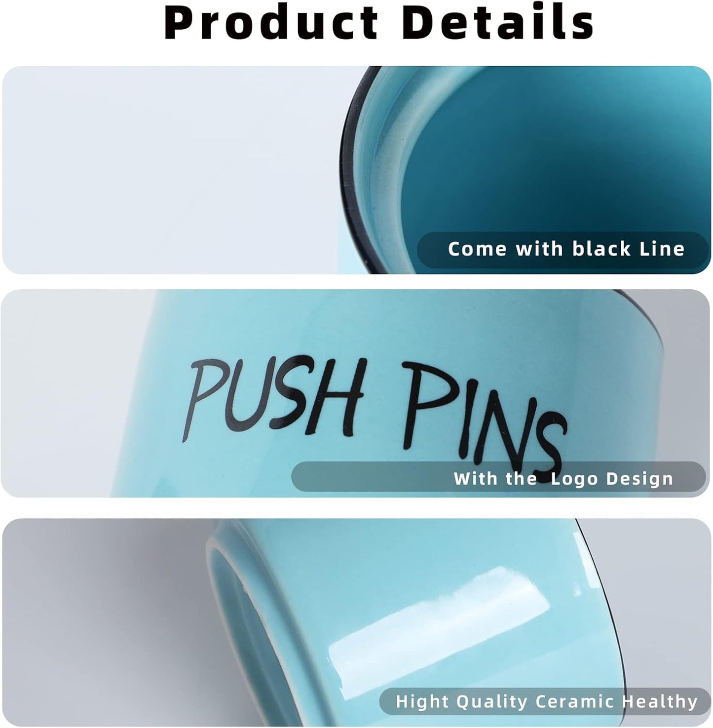 Ceramic Push Pins Holder, Paper Clips Dispenser Organizer for Desk and Binder Clips Holders Container for Office School Home Supplies 3.4Inch, Turquoise