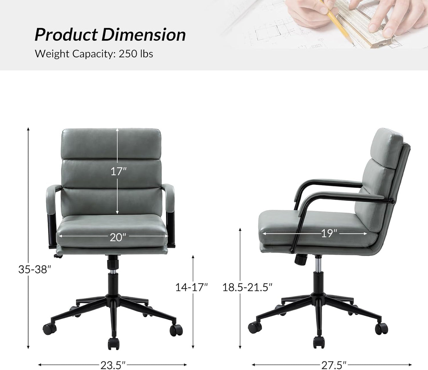 HULALA HOME Modern Faux Leather Home Office Chair with Tilt Lock & Metal Base, Desk Chair with Wheels & Padded Cushion, 360° Swivel Wide Seat Computer Task Chair, Sage