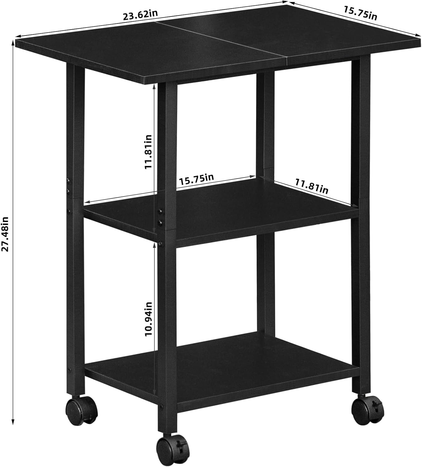 Lerliuo 3-Tier Printer Stand, Industrial Mobile Printer Table with Storage Shelf and Steel Frame, Rolling Printer Cart Holder with Lockable Wheels for Home, Office (Black)