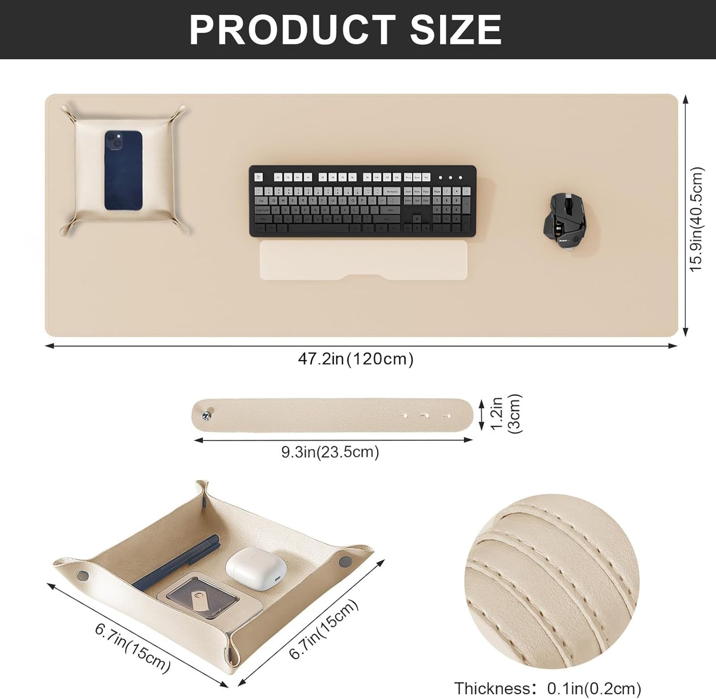 DAWNTREES Dual Sided Desk Mat,Leather Desk Pad,47.2''x15.8'',Cork Desk Mat Protector,with PU Leather Valet Tray Organizer,Large Mouse Pad,Desk Writing Pad for Office and Home(Khaki)