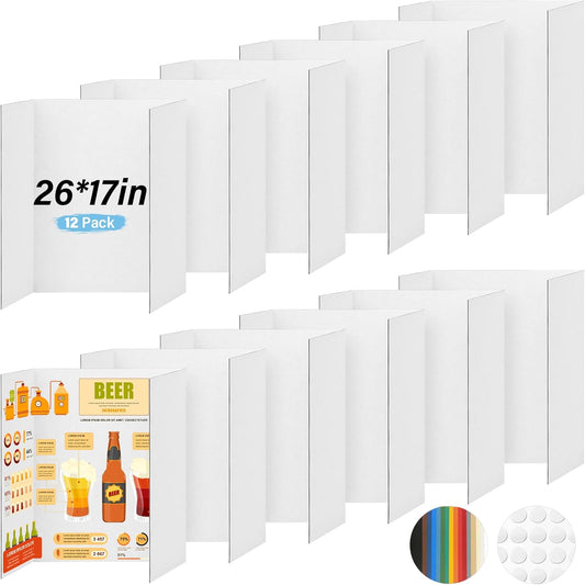 12 Pcs Trifold Poster Board, 26x17 inches White Poster Board Comes with Sticky Accessories, Corrugated Presentation Boards, Display Board for School Projects, Business Presentations