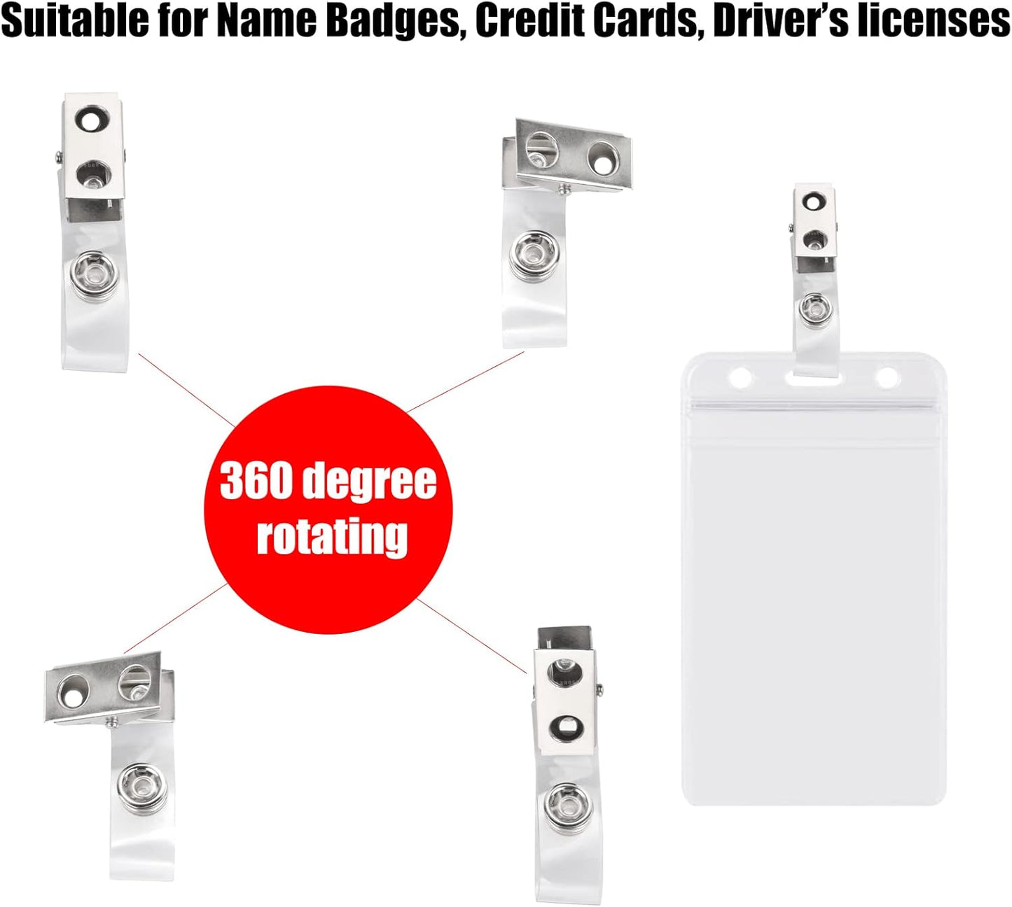 CABAX 30 Pcs Double Hole Metal Badge Clips with PVC Straps, ID Strap Clip Adapter ID Badge Clips for Badge Holders,Office,School, Clear