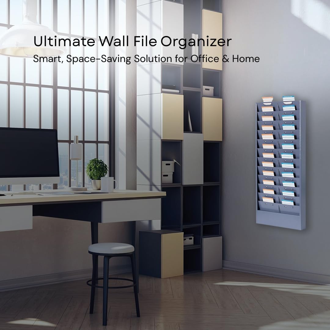 Wall Mount File Organizer, Metal Job Ticket Holder with 11/22 Adjustable Pockets, Durable & Versatile Hanging Wall Organizer for Office & Home - Grayblue