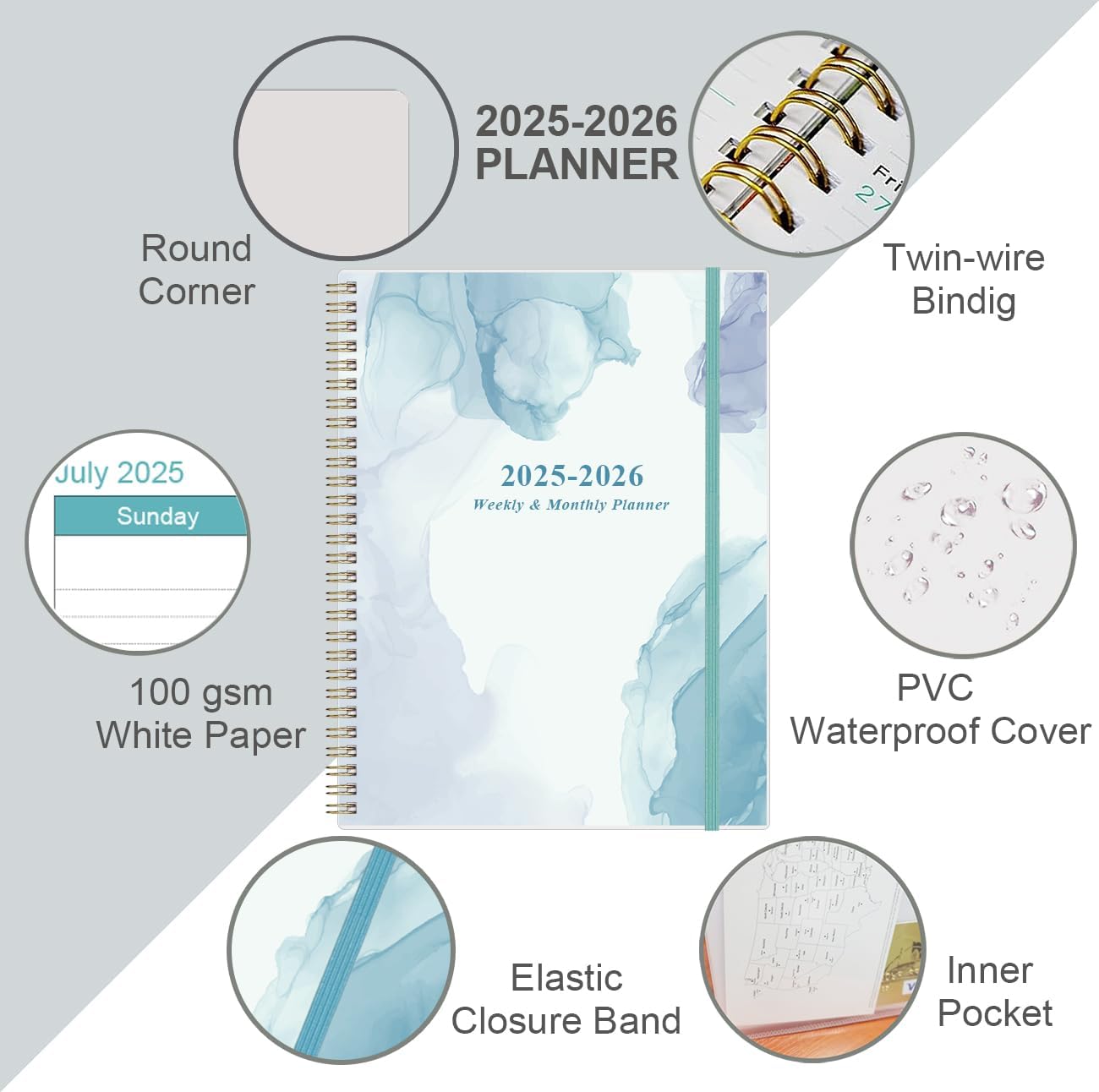 2025-2026 Planner - Academic Planner 2025-2026 from July 2025 to June 2026 with 12 Monthly Tabs, Flexible Cover, Inner Pocket, 8.5" x 11", Blue Watercolor