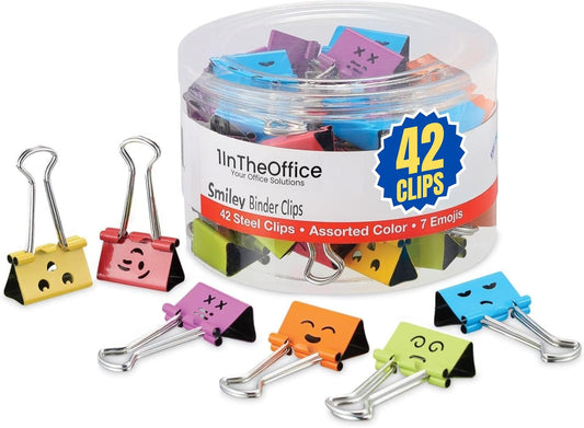 1InTheOffice Medium Cute Colored Smiley Face Binder Clips with Storage Tub, 5/8" Capacity, Assorted Colors, 42 Pack
