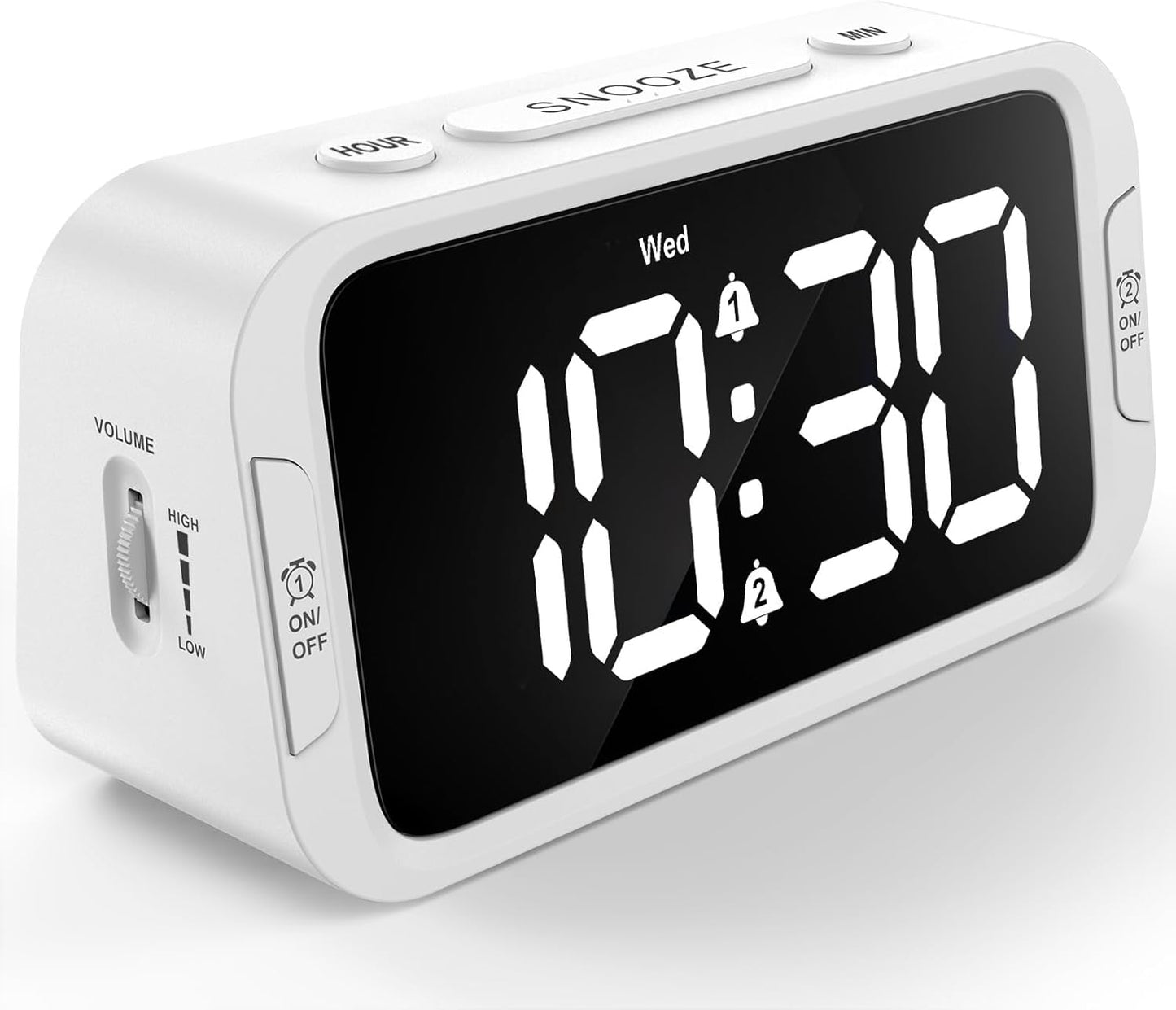 Digital Dual Alarm Clock for Bedroom, Easy to Set, 0-100% Dimmer, USB Charger, 5 Sound Adjustable Volume, Weekday/Weekend Mode, Snooze, 12/24Hr, Battery Backup, Compact Clock for Bedside(White)