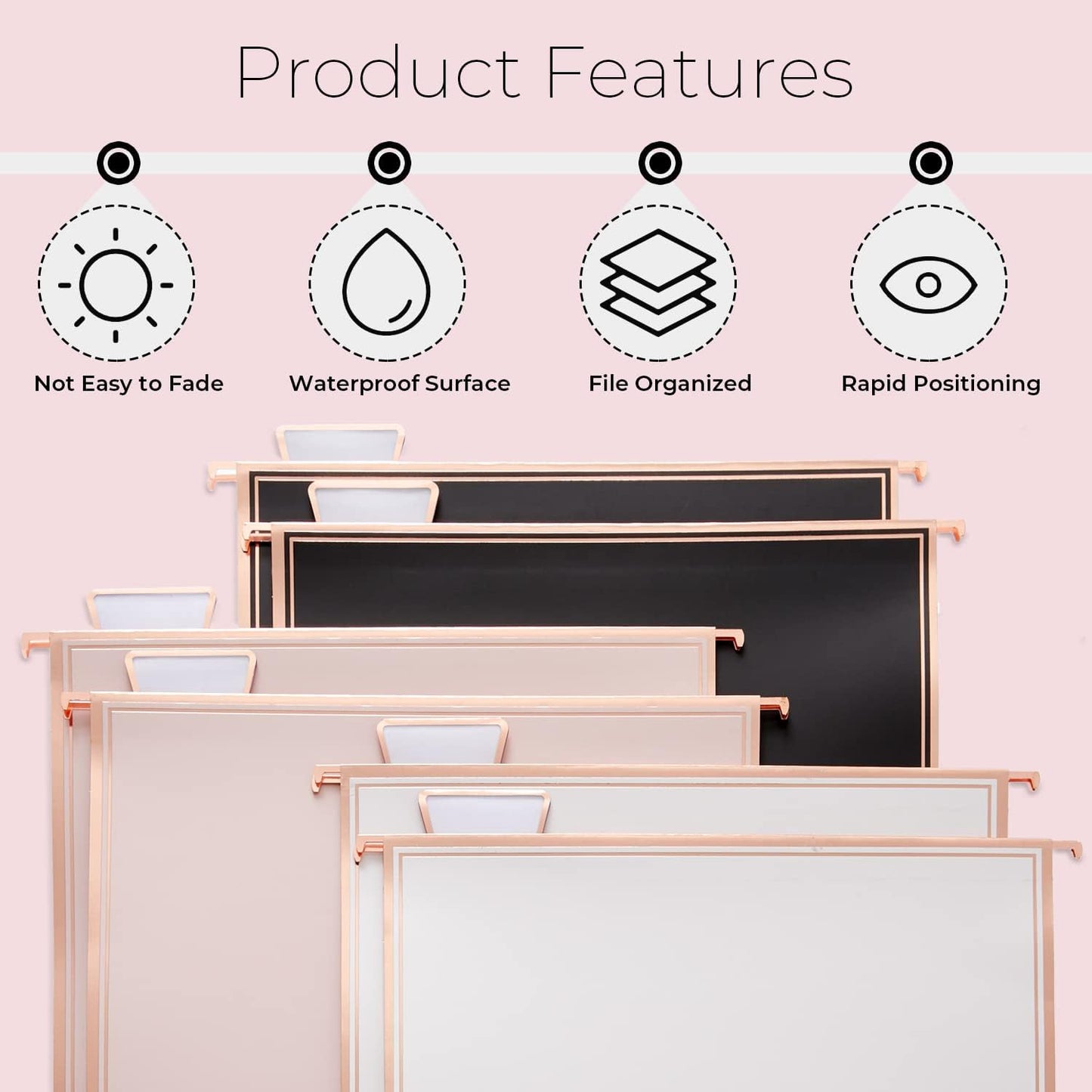 Y YOMA 1 Pack Rose Gold Desktop Hanging File Organizer | 12 Pack Rose Gold Pocket Hanging File Folders with Tabs & Insert | Letter Size Metal File Kit for Desk Home Office, I Shaped