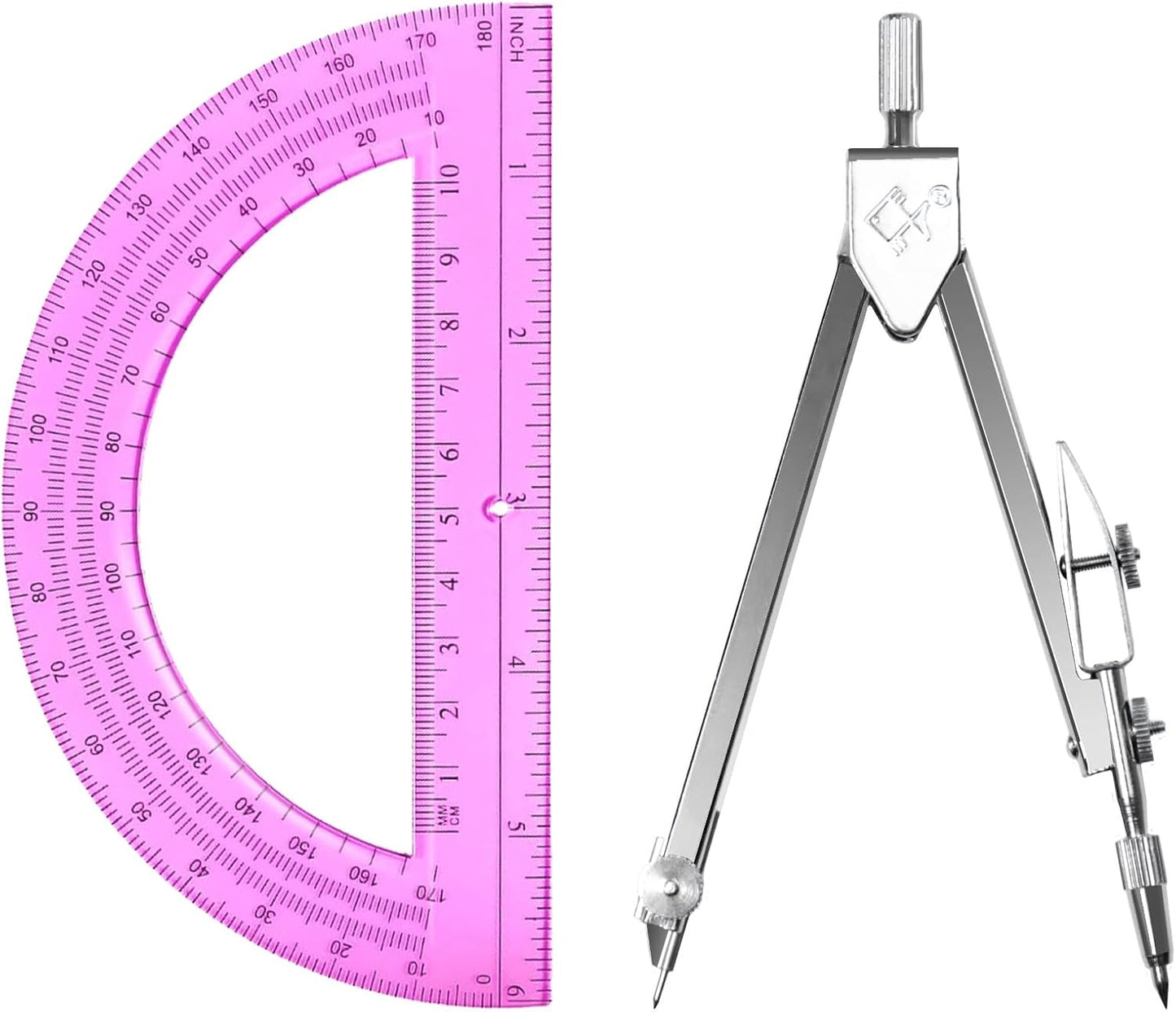 Students Geometry Math Set, Drawing Compass and 6 Inch Transparent Swing arm Protractor 180 Degree Math Protractor (Pink)