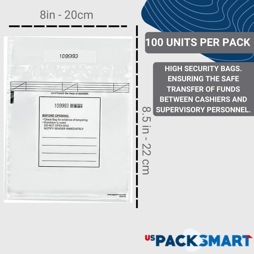 Clear Bank Deposit Bags 8.5"x8" 100-pack | Secure Bank Cash Transmittal Envelopes for Cash, Coins, Credit Cards, Checks, and More | Numbered, Self-Sealing, and Permanent Adhesive