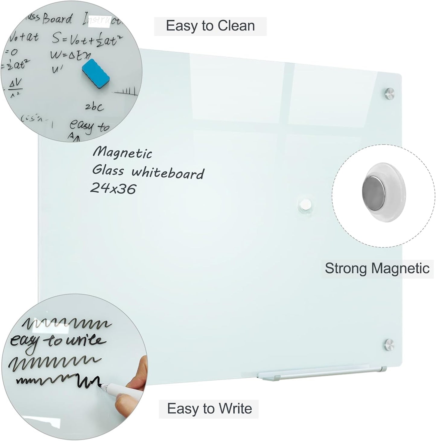 Glass Magnetic White Board - 36 x24 Inches Frameless Dry Erase Glass Whiteboard for Wall, Writing Board for Office, Classroom, Home and Presentation