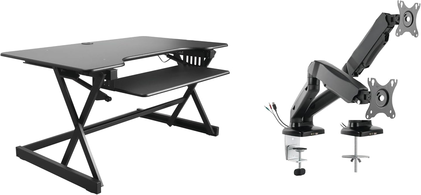 Rocelco 40" Height Adjustable Standing Desk Converter with AC Outlet USB Charger and Dual Monitor Arm Mount - Sit Stand Up Tabletop Riser - Sliding Keyboard Tray - Black (R DADRB-40-ACUSB-MA2)