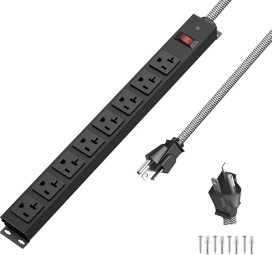 HEZI 20 Amp Power Strip Surge Protector 1200J, Metal 8 Outlets Heavy Duty 20amp, 10Ft 12 Gauge Extension Cord for Appliance Workbench Garage Industrial, Combine with T-Plug Adapter,5-20R T-Slot