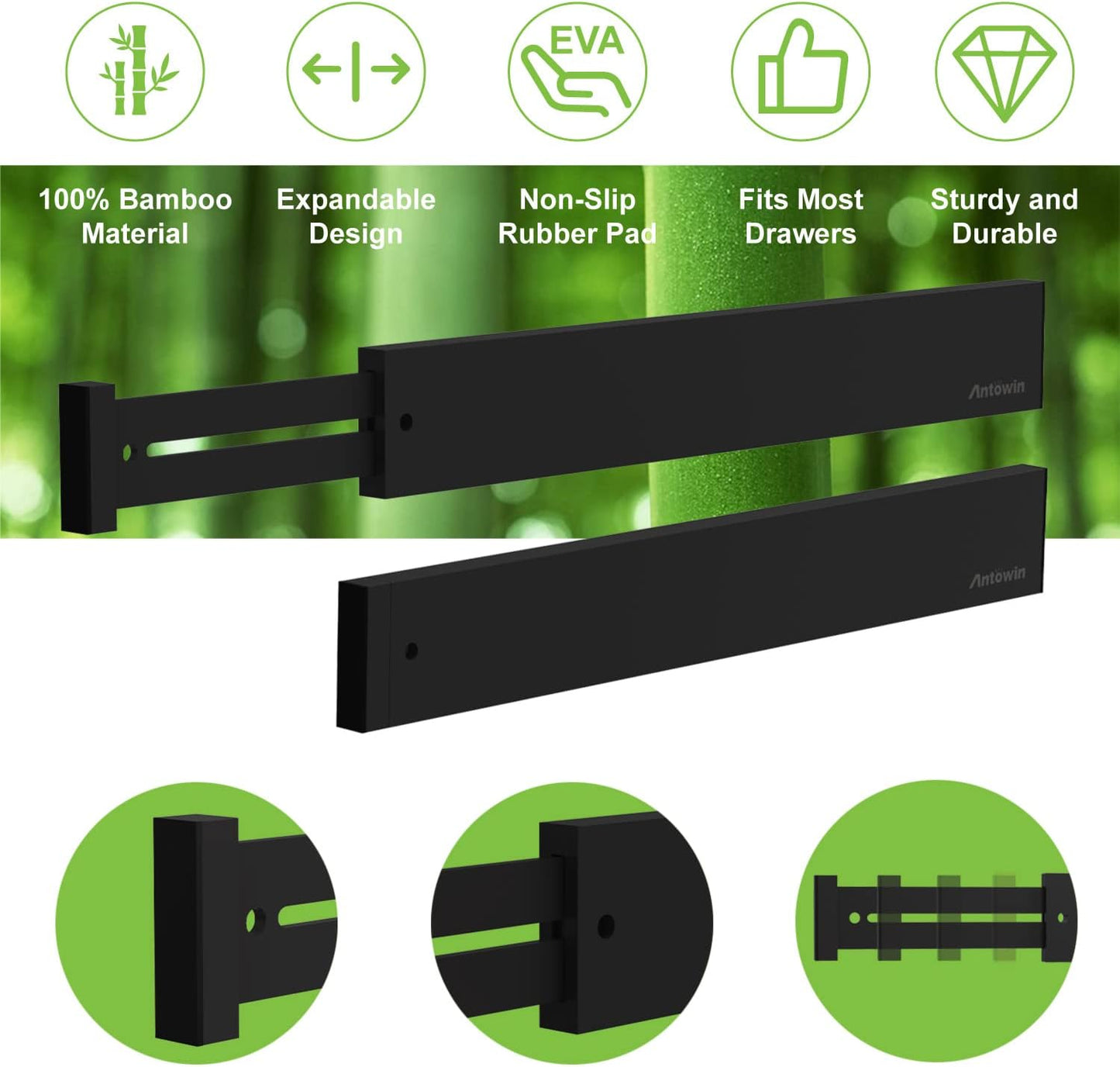 ANTOWIN Bamboo Drawer Dividers Organizers, Expandable Drawer Separators Splitter,17-22 inches Long Adjustable Spring-loaded Organizer for Large Utensil, Clothes, Tools Drawers (Black)