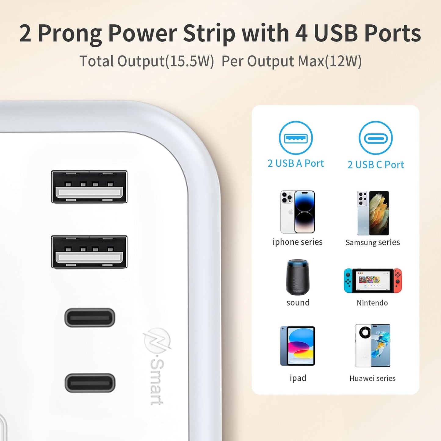 NTONPOWER 2 Prong Power Strip, 1875W/15A 2 Prong to 3 Prong Outlet Adapter, Surge Protector Power Strip with 4 USB Ports(2 USB C), 5 FT Rotating Flat Plug Extension Cord for Old House, Wall Mount