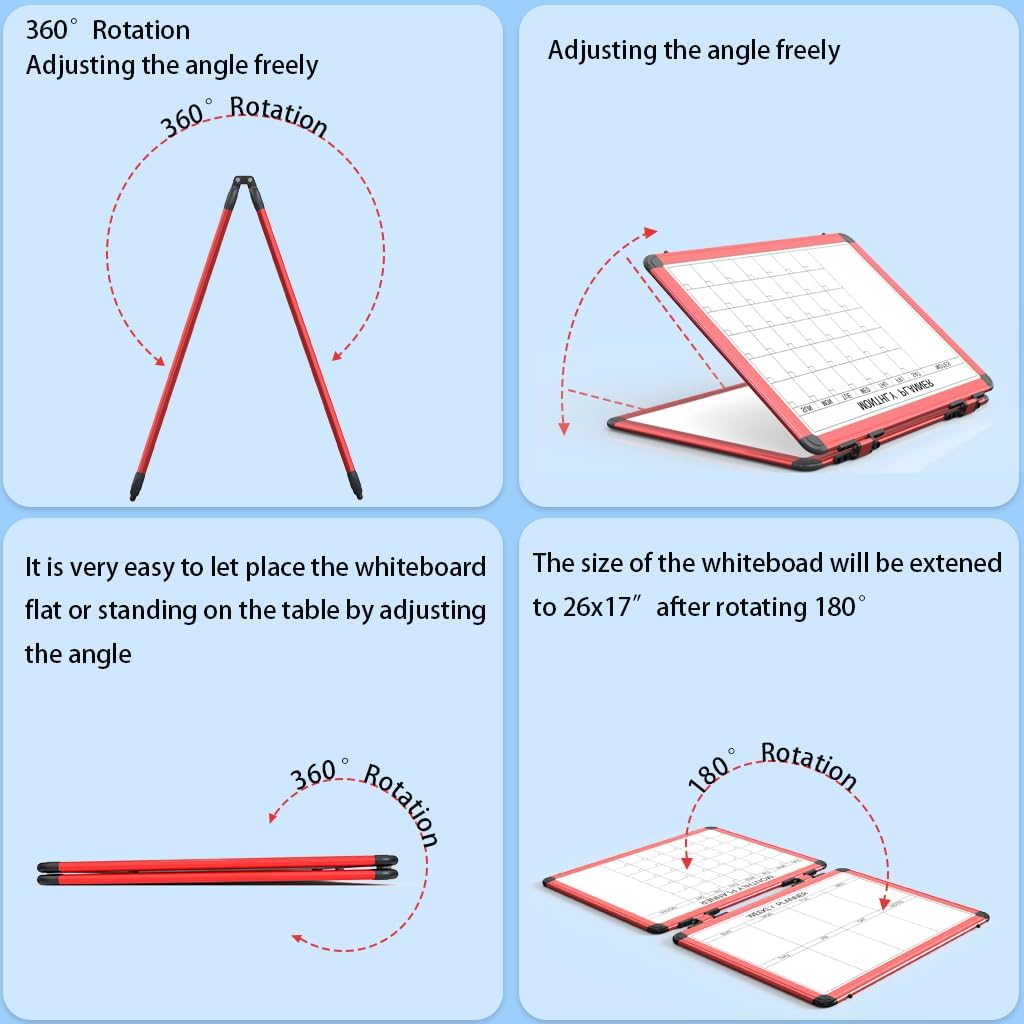 4 Sided Foldable Whiteboards Calendar, 17"x13" Desktop Whiteboard, Integrating with Monthly and Weekly Planner, Multi-Functional Whiteboard Suitable for Home, School and Office.