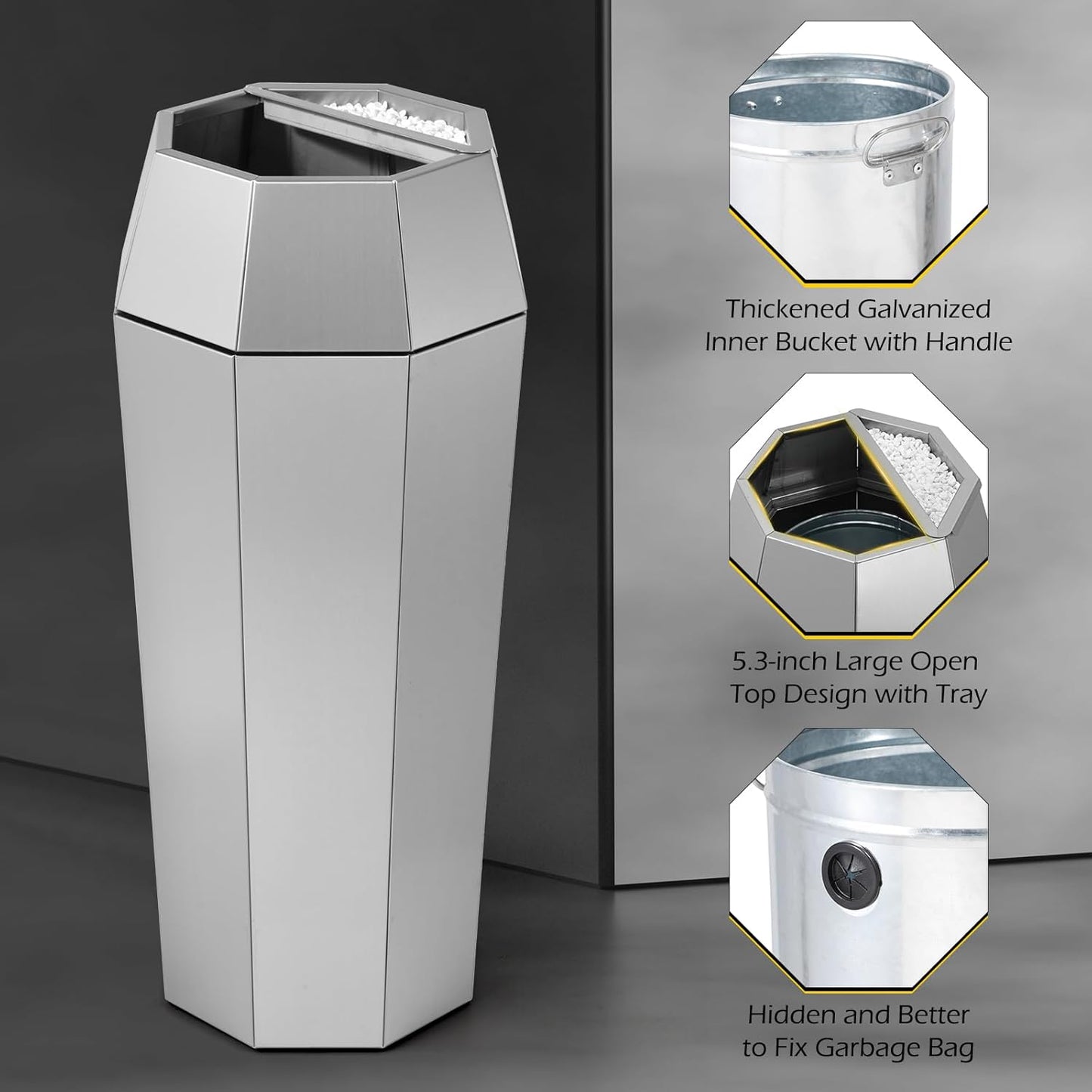 Dyna-Living Commercial Heavy-Duty Trash Cans Outdoor Garbage Can with Lid Large Trash Cans with Inside Cabinet for Patio, Silver Stainless Steel Garbage Can Commercial Indoor Trash Bin for Lobby