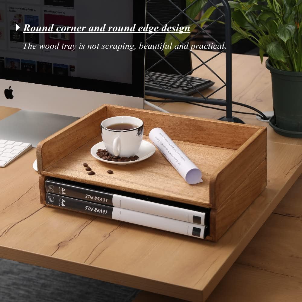 Wood Stackable Paper Trays for Office Supplies and Accessories - Desk Organizer Tray for Letter Document Magazine -Wooden Desktop File Folder Holder Shelf 2 Set Light(2CTP-LT)