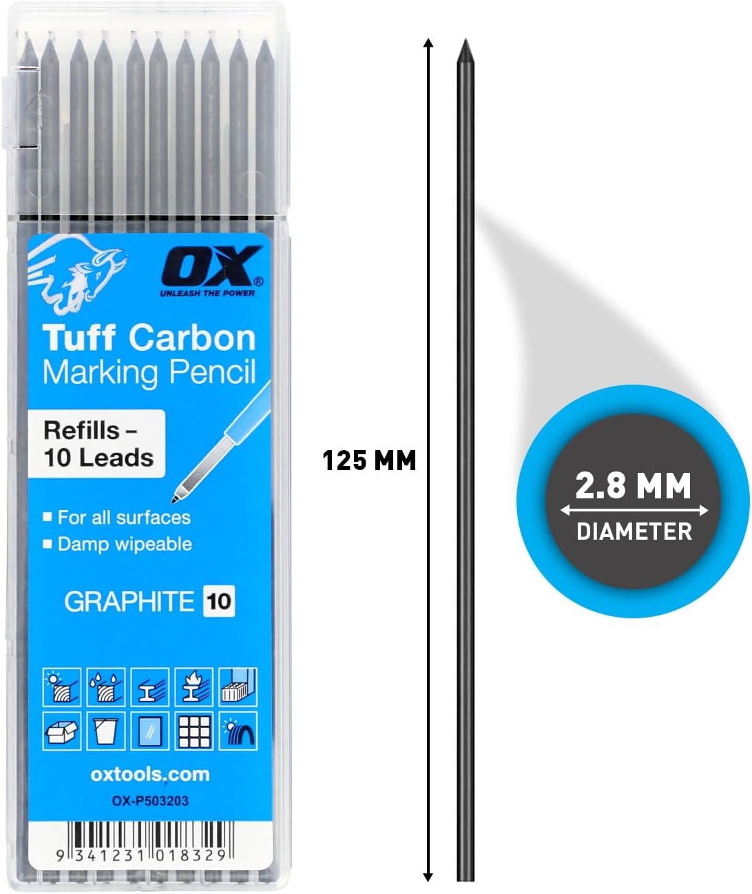 OX Tools Pro Tuff Carbon Marking Pencil with 10-Pack Basic Graphite Replacement Lead