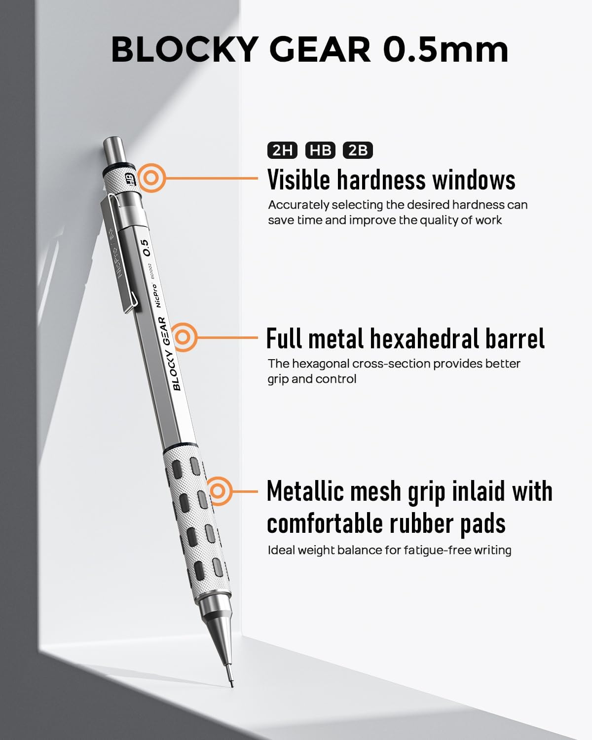 Nicpro Blocky Gear 0.5 mm Mechanical Pencil Set in Case, Metal Pencil with Lead Refills, Eraser for Professional & Adult Art Writing Drafting Drawing