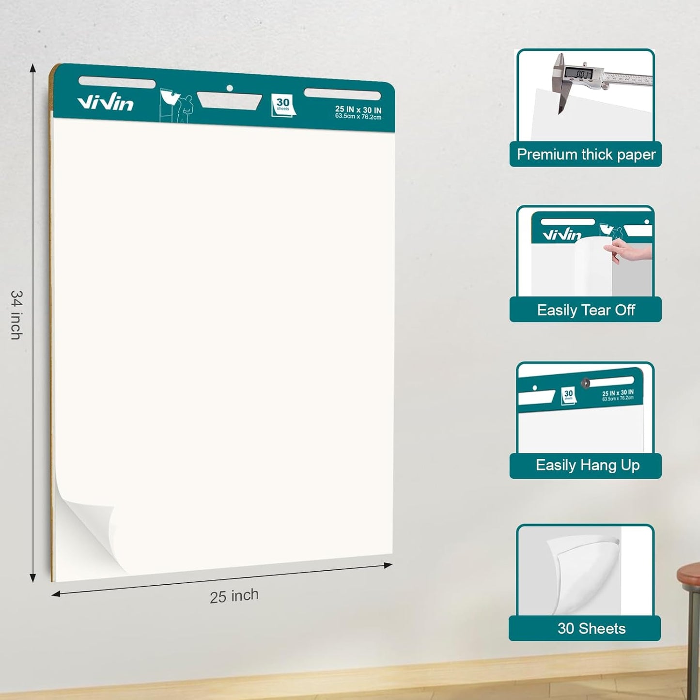 ViVin Super Sticky Easel Pad, 25 x 30 Inches Flip Chart Paper for Teachers, Large Self Stick Easel Paper, Teacher Anchor Chart, 30 Sheets/Pad, 10 Pads/Pack