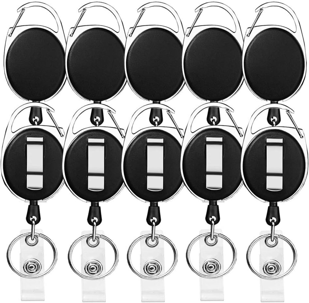 Retractable Badge Holder with Carabiner Reel Clip and Key Ring for ID Card Key Keychain Holders Black 10 Pieces by Moever