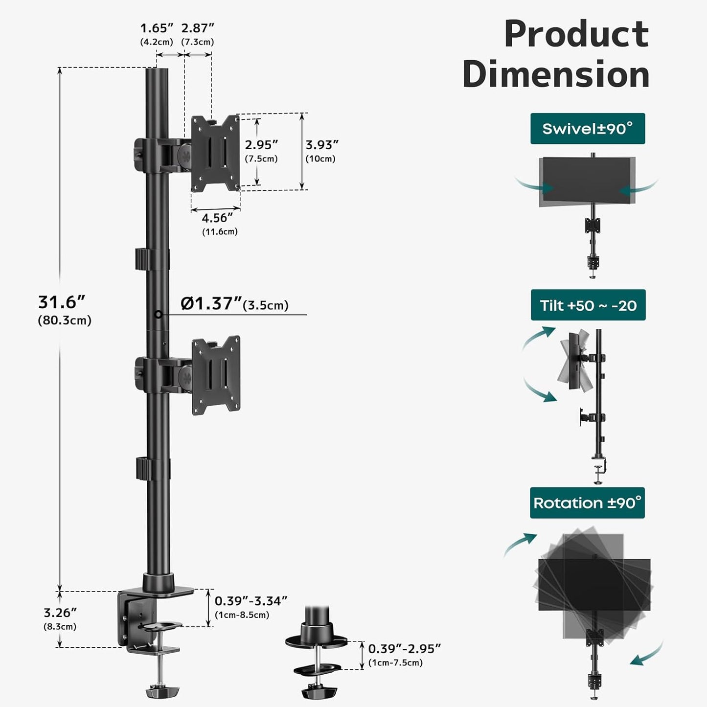 Dual Vertically Stacked Ultrawide Monitor Desk Mount 17-49 Inch - Extra Tall Heavy Duty Adjustable Monitor Arm for 2 monitores,Weight 2-20 kg per Arm,VESA 75/100 mm