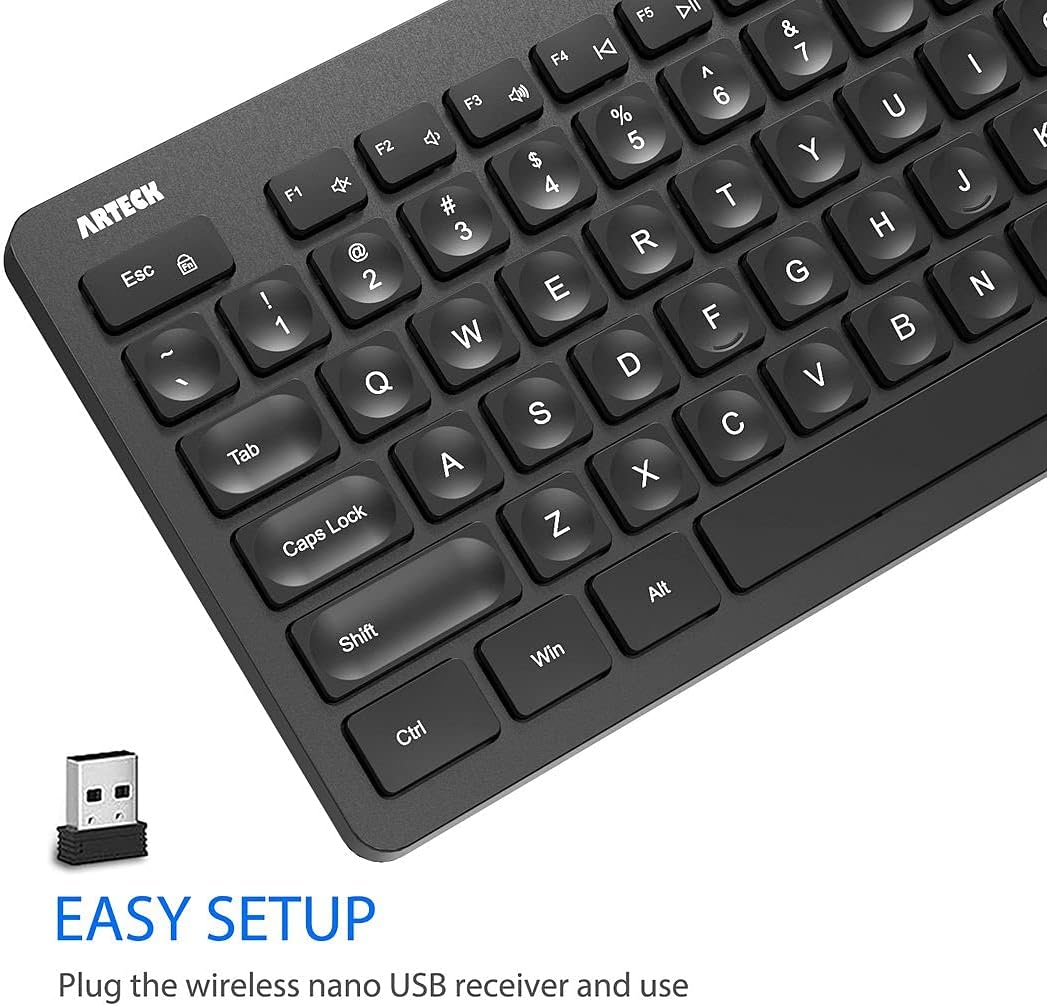 Arteck 2.4G Wireless Keyboard Ultra Slim Full Size Keyboard with Numeric Keypad and Media Hotkey for Computer/Desktop/PC/Laptop/Surface/Smart TV and Windows 11/10/ 8/7