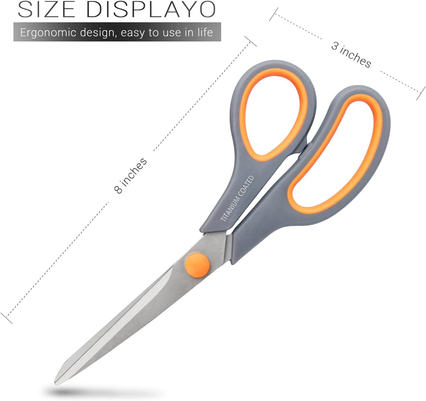 Scissors 8" Multipurpose Titanium Coated Sturdy Sharp Scissors Right/Left Handed Comfort-Grip Handles for Office Home School Sewing Fabric Craft Supplies Gray
