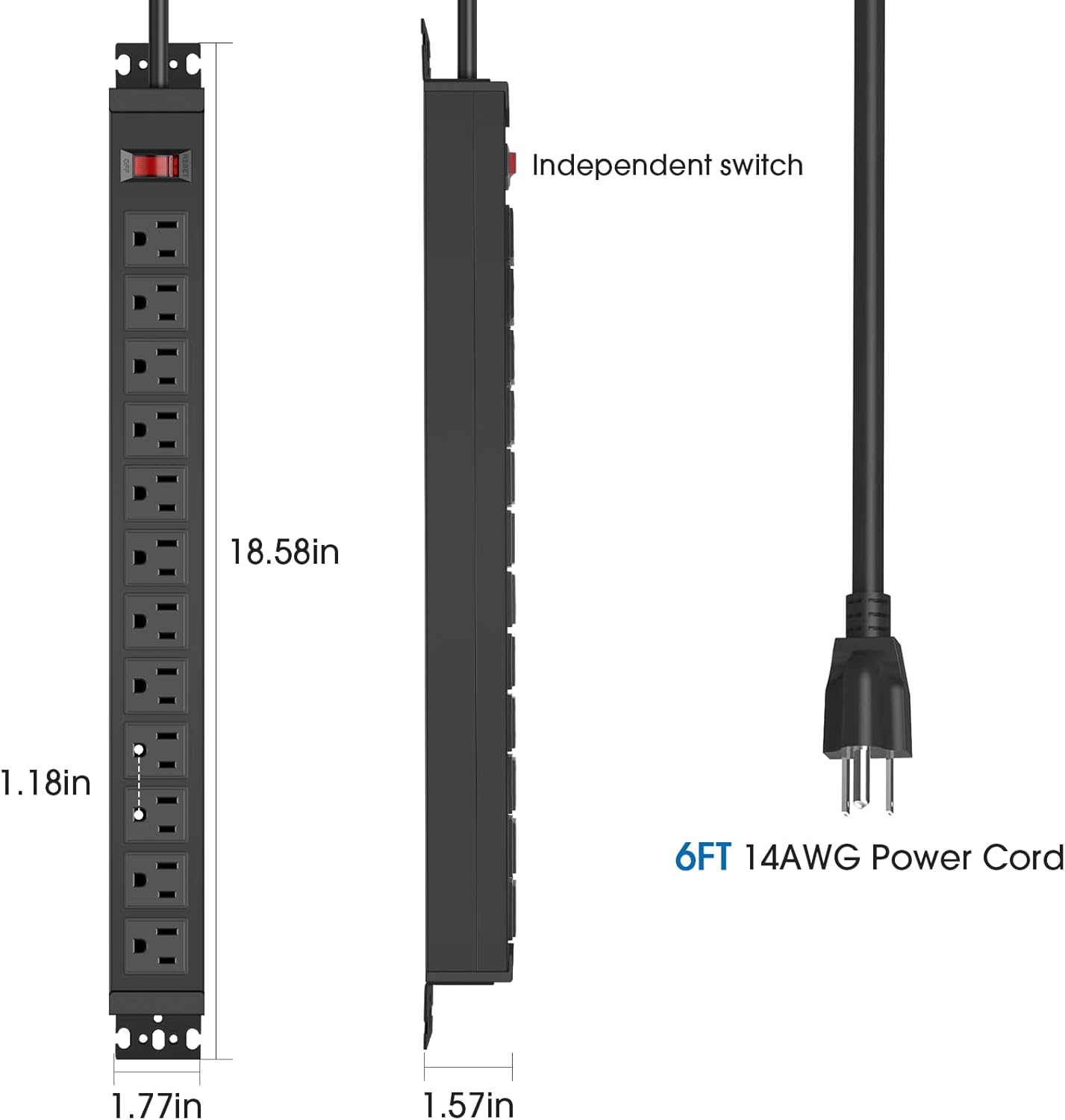 2Pack Rotating Mountable Power Strip, 12 Outlet Wall Mount Surge Protector, Metal Heavy Duty and Versatile Outlet Strip, Stylish Appearance, Sturdy and Durable, 6ft Power Cord.(Black)