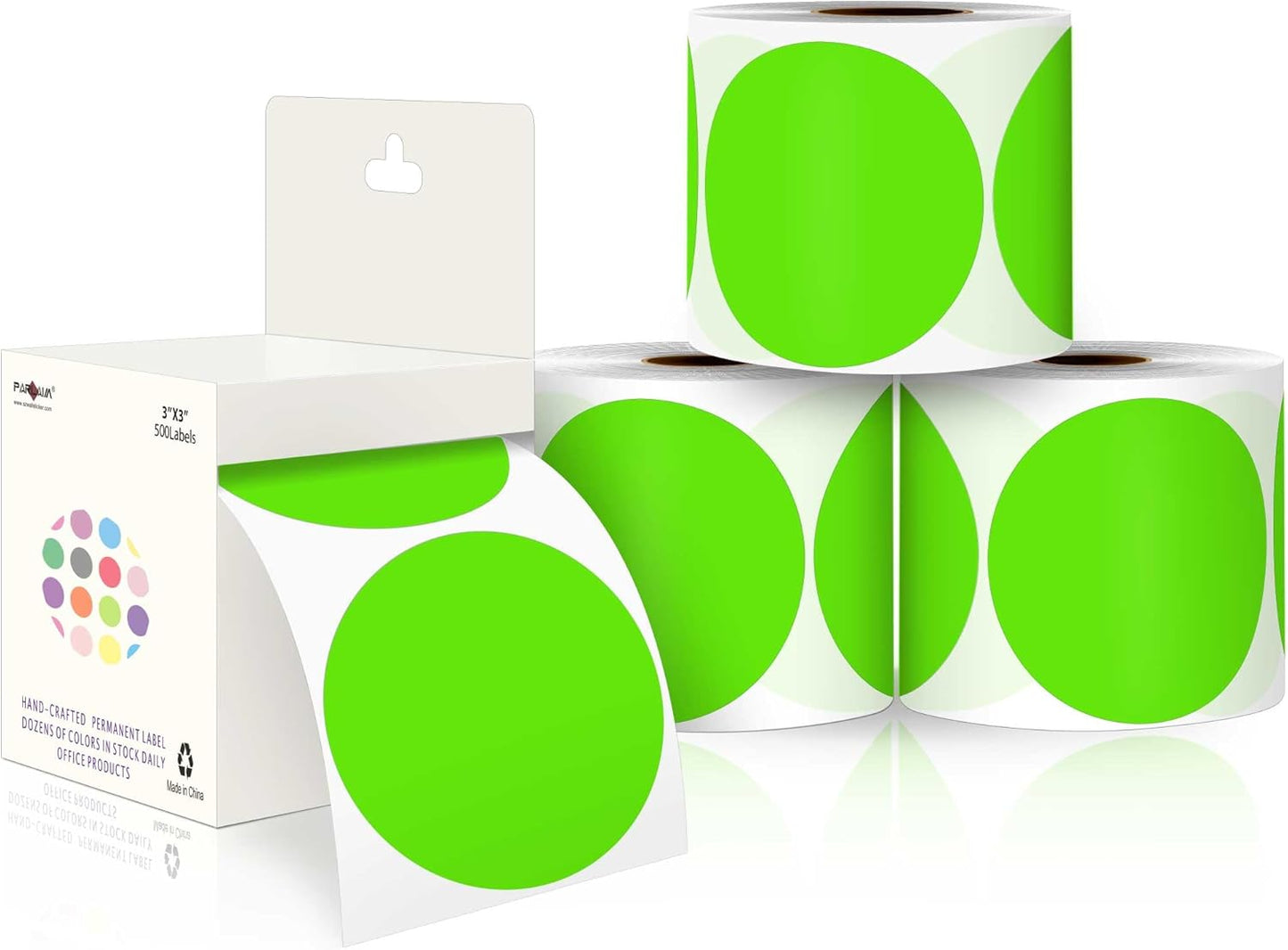 PARLAIM 3”Color Coding Labels Stickers,4Rolls/2000per Dispenser Box Round Adhesive Circle Dot Stickers for Inventory Office Home (Green)