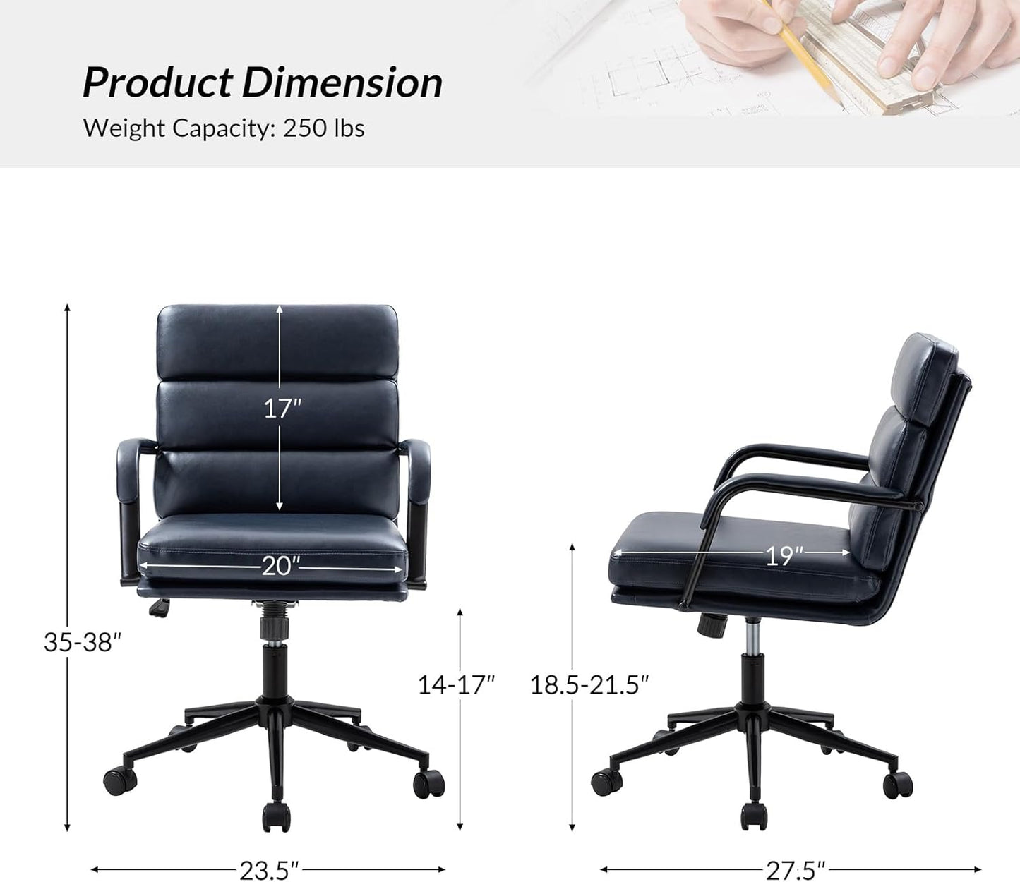 HULALA HOME Modern Faux Leather Home Office Chair with Tilt Lock & Metal Base, Desk Chair with Wheels & Padded Cushion, 360° Swivel Wide Seat Computer Task Chair, Navy