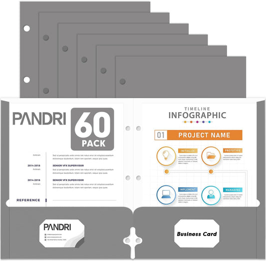 Two Pocket Portfolio Folders, PANDRI 60 Pack 3 Hole Punched 2 Pocket Folders for 3 Ring Binder, Letter Size Paper File Folder for School Office Home Business, Grey