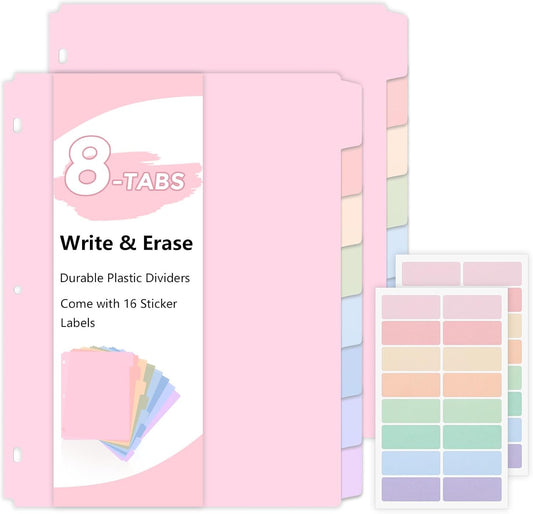SKYDUE Durable Plastic 8-Tab Dividers,Big Tab Dividers for 3 Ring Binder, Write&Erase 3 Ring Binder Dividers with Tabs,with Sticker Labels