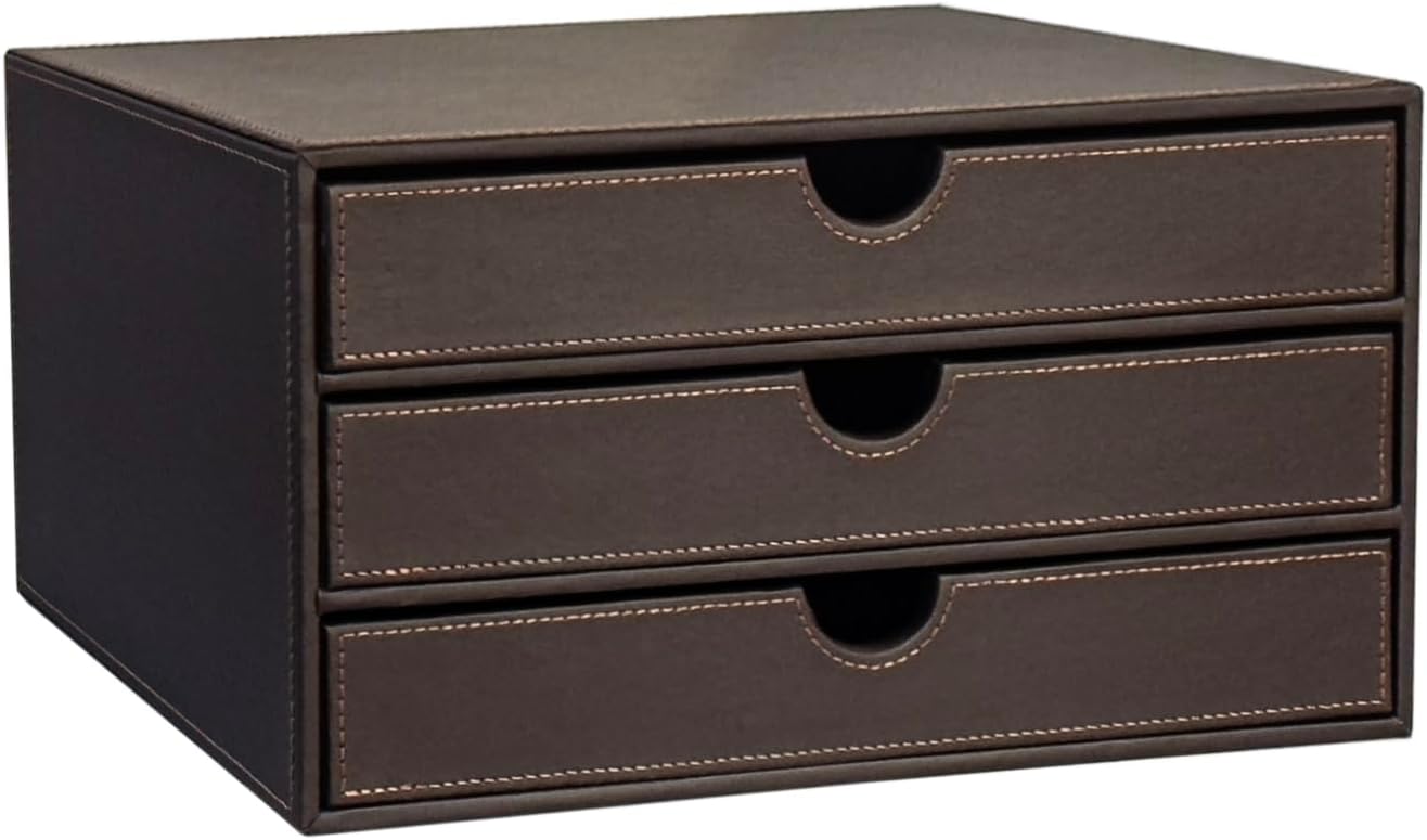 UnionBasic Leather Desktop Drawer Organizer, File Cabinet Magazine Document Holder, Office Supplies Desk Storage Organizer Box, 3 Drawer, Coffee