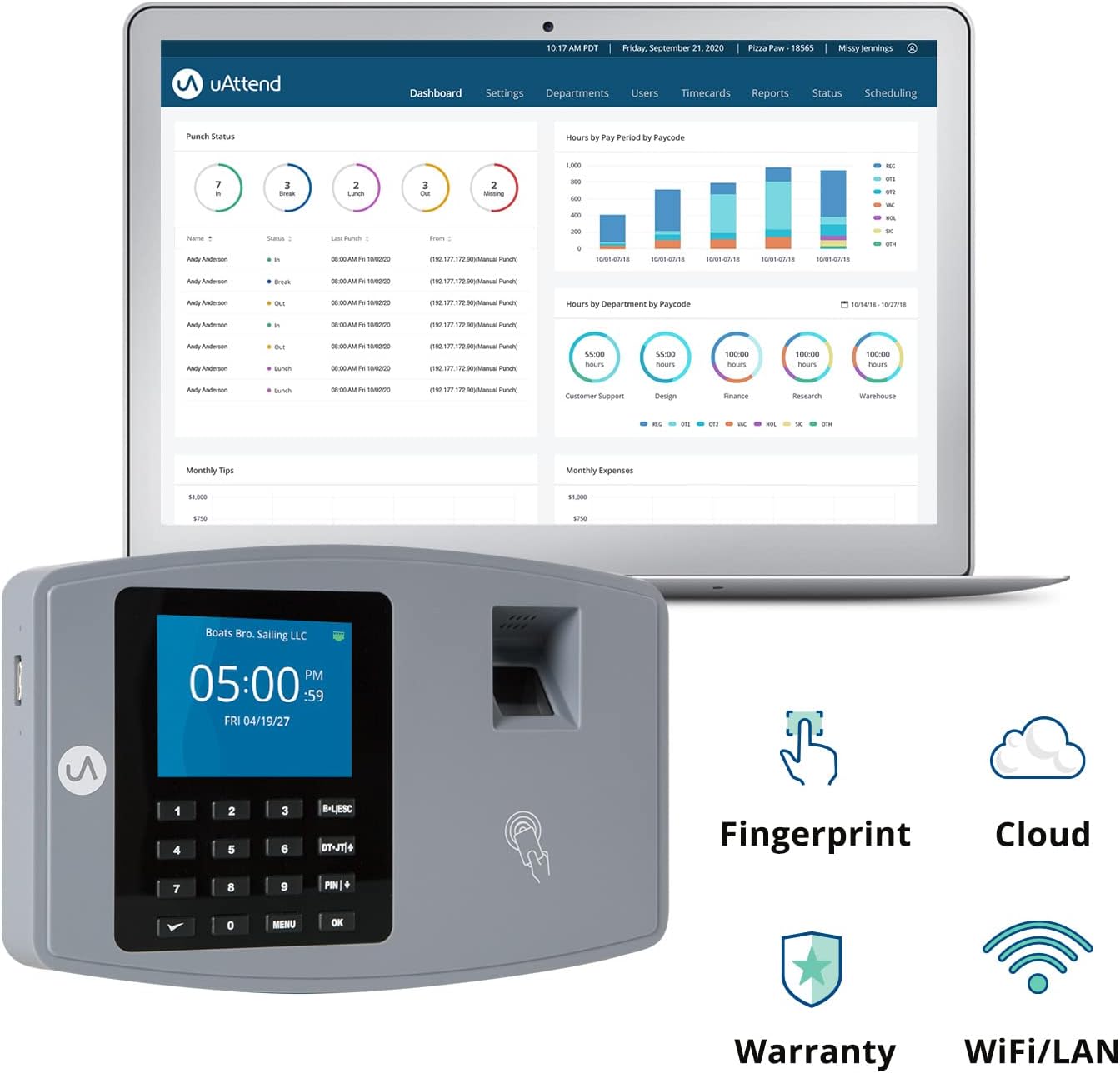 uAttend BN6500 Biometric Fingerprint Time Clock System for Small Business with WiFi and Cloud-Based Employee Timecards