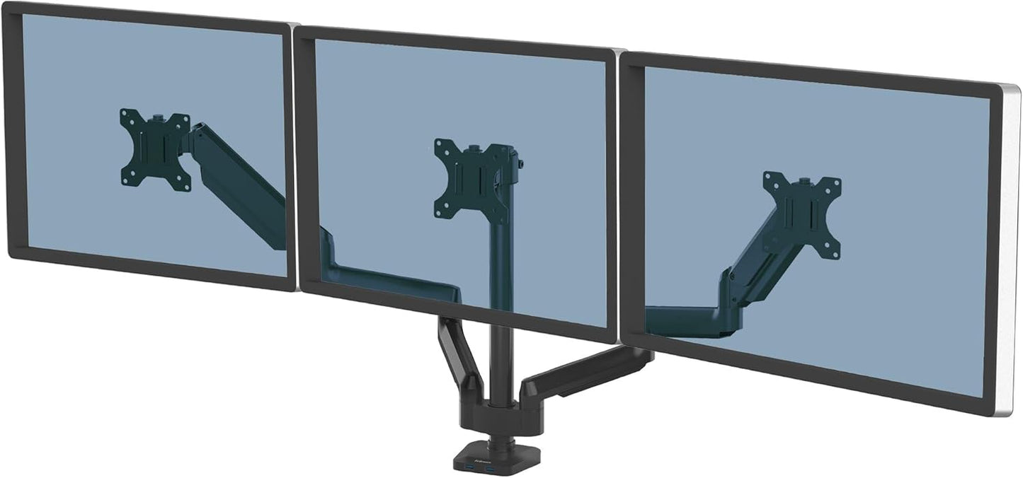 Fellowes Platinum Series Triple Monitor Arm for 27-Inch Monitors, Full Motion, 360° Rotation, VESA Mount with Grommet or Clamp, USB Ports, Ergonomic, Black, 8042601