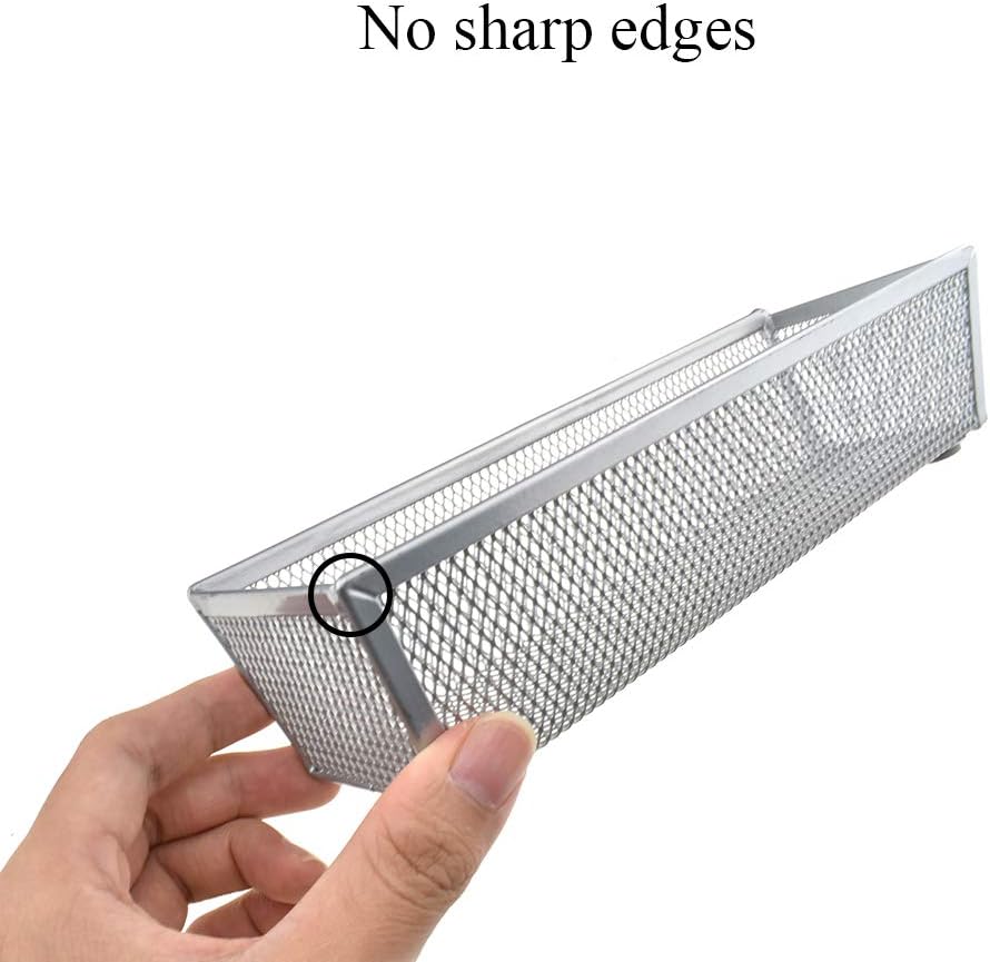 HAHIYO Stackable Mesh Tray Cup 9 x 3 x 2 inches Sturdy Container for Desk Drawer Organizer Collection for Home Office School kitchen Soft Foam Feet No Sharp Edges 2 Pack Silver
