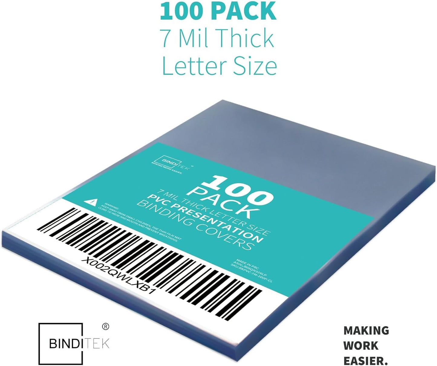 Binditek 100 Pack 7 Mil PVC Plastic Binding Covers, 8.5 x 11 Inches, Letter Size, Square Corners, Un-Punched, Office Supplies