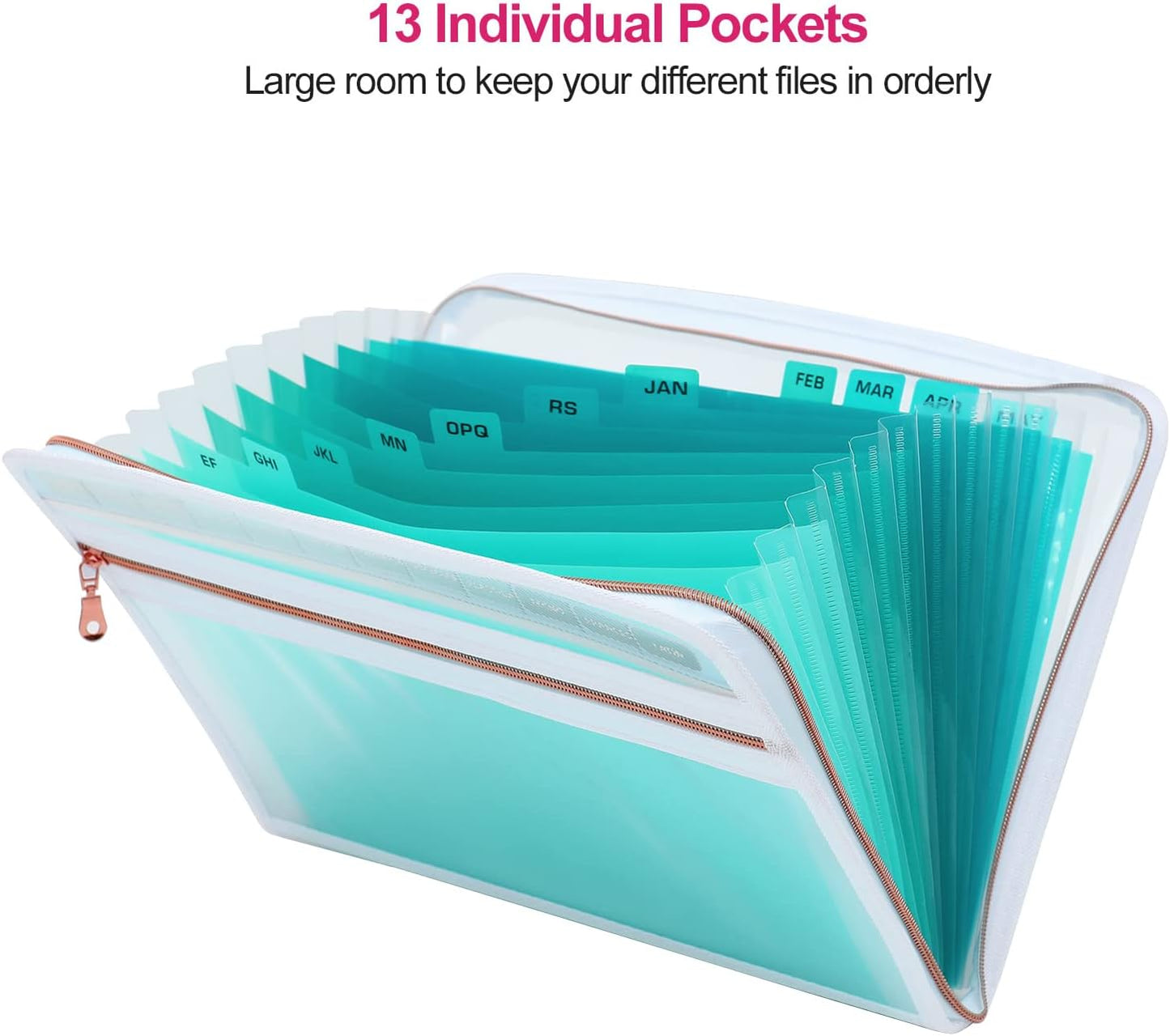 MEGREZ Expanding File Folder with 13 Pockets, 2 Pack A4 Paper File Folder with Zipper Color Labels, Waterproof Accordion File Folder Organizer for Home Office, Green & Pink