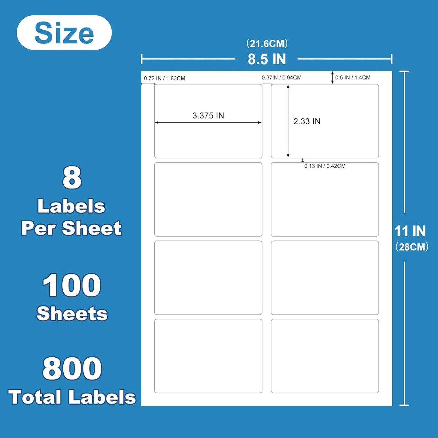 Name Tag Stickers 2 1/3" x 3 3/8", White Blank Mailing Labels, Inkjet and Laser Printer Guaranteed, 8 Labels Per Sheet, 100 Sheets - 800 Labels（HB-R108）