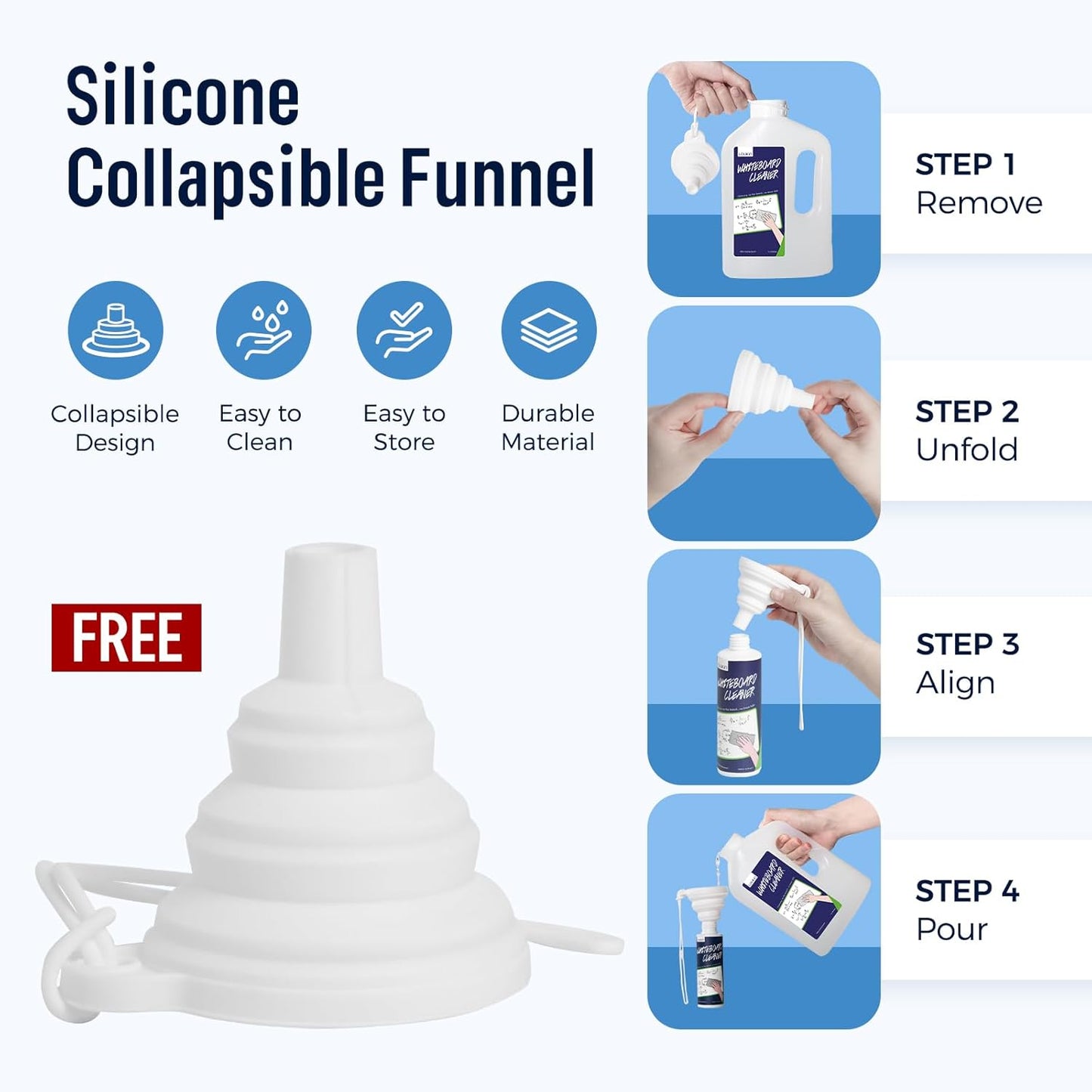 loukin Whiteboard Cleaner, 33.8 Fl Oz Dry Erase Board Cleaner Ready-to-Use Refill, Connected Collapsible Silicone Funnel for Canned Liquid, Removes Whiteboard Stains