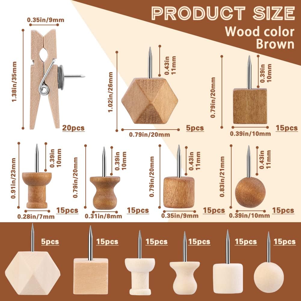 180 Pcs Wood Push Pins, 2 Colors and 7 Types Decorative Thumb Tacks Wooden Head Pin Map Tacks Marking Pin, Wood Thumb Tacks Decorative for Bulletin Boards Craft Projects with Storage Box