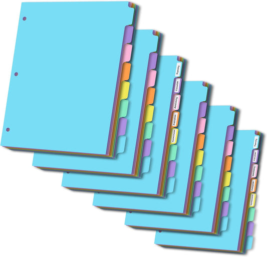 8-tabs 6 Set Binder Dividers with Tabs,Plastic Index with Label,Colorful Dividers for 3 Ring Binder (48)