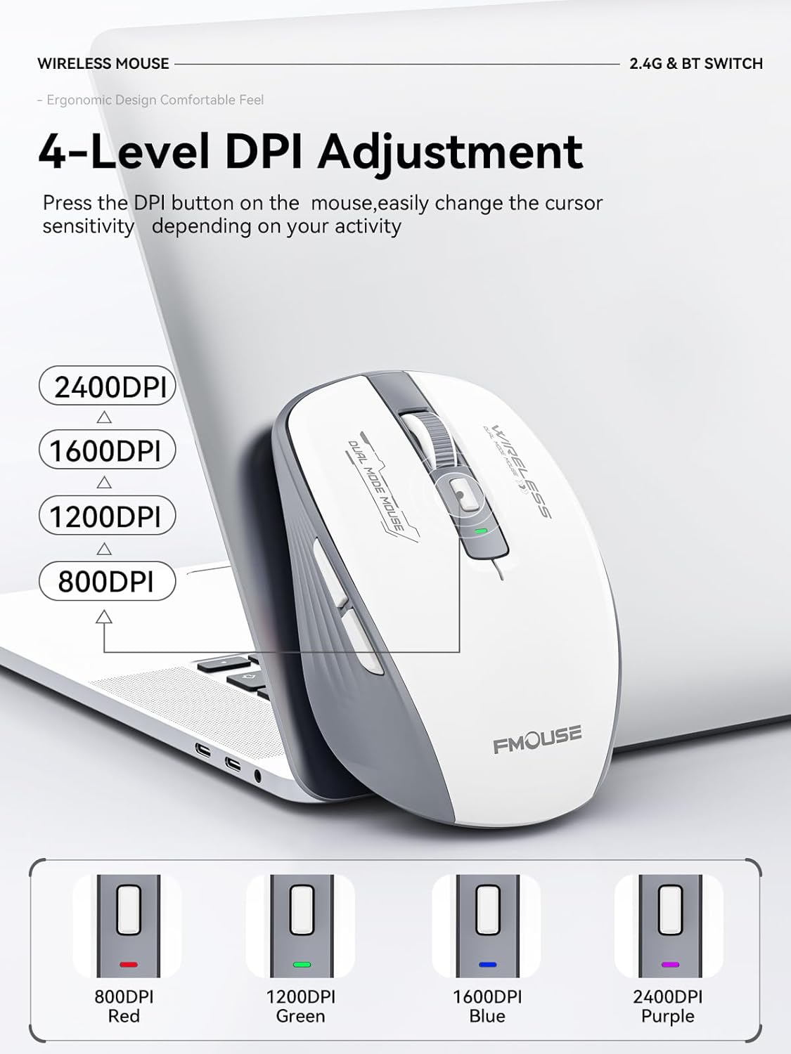 Wireless Mouse (Bluetooth & 2.4GHz USB) with Forward/Backward Side Keys, Silent Click, Ergonomic Portable AA Battery Mice for Laptop/Mac/iPad - Office & Travel Use, White & Grey