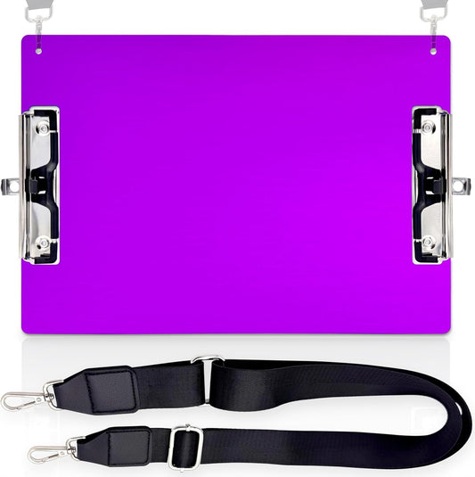 Aluminum Metal Clipboard with Detachable Adjustable Shoulder Strap A4 Double Clip Board Stainless Hangable w/Pen Holder Letter 9" x 12.6" for School Office Business Factory (Purple-with Strap, A4)